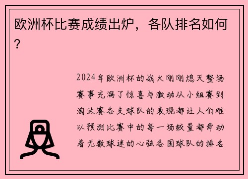 欧洲杯比赛成绩出炉，各队排名如何？