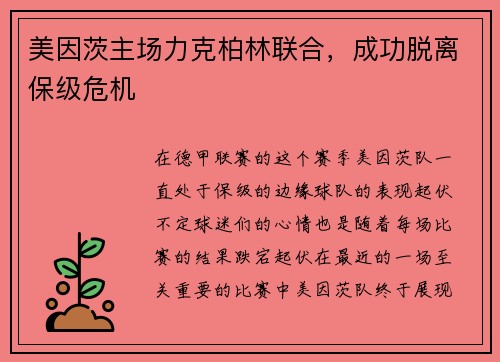 美因茨主场力克柏林联合，成功脱离保级危机