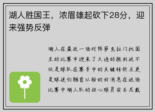 湖人胜国王，浓眉雄起砍下28分，迎来强势反弹