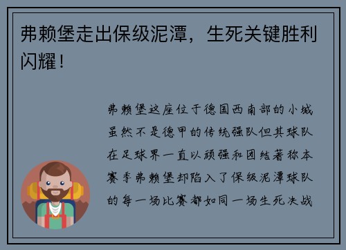 弗赖堡走出保级泥潭，生死关键胜利闪耀！