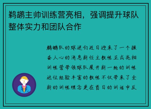 鹈鹕主帅训练营亮相，强调提升球队整体实力和团队合作